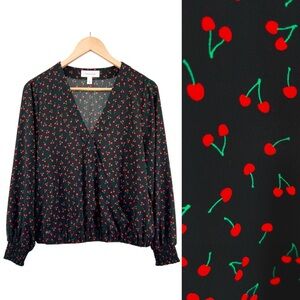 POPSUGAR Cherry Print Faux Wrap Blouse Sz L Black Red Long Sleeve V-Neck Novelty